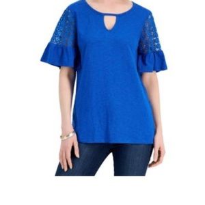 JM collection royal blue short ruffled sleeve shirt.